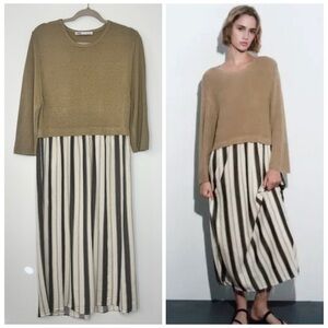 Zara Beige Top with Black and Cream Striped Maxi Skirt Dress